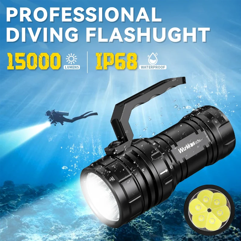 【セール中】Wurkkosダイビングトーチ、ハイパワー、充電式LED懐中電灯、水中作業灯、3*21700、15000lm、6 * xhp50.2、ipx8