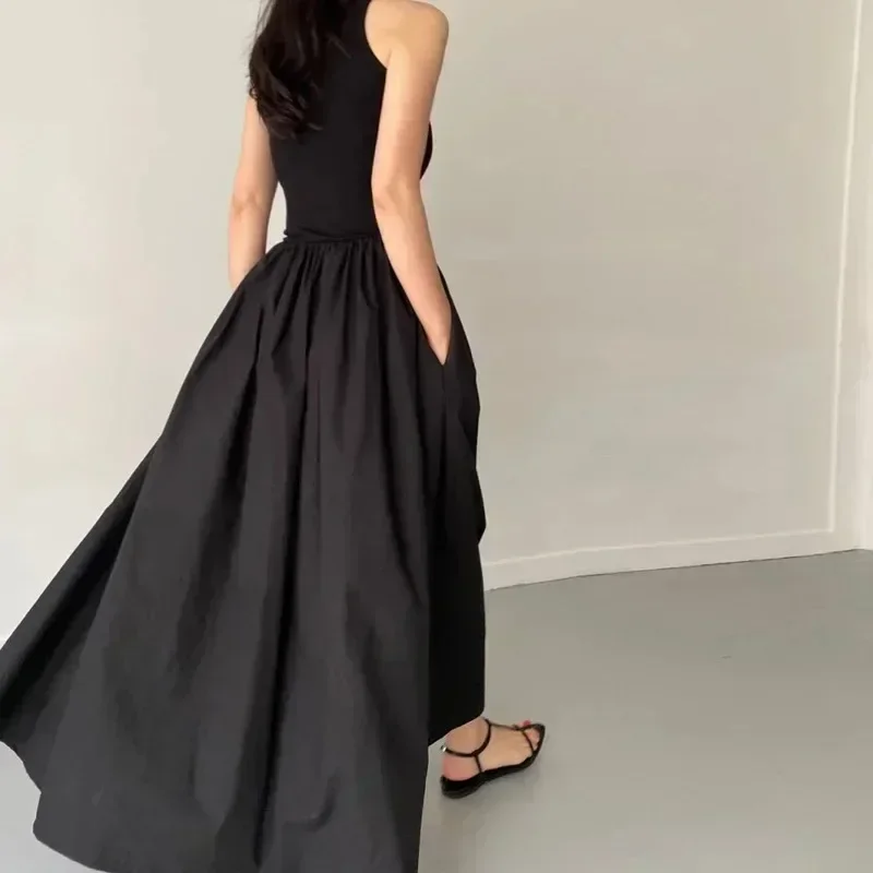 Estilo de moda de verano, vestidos largos negros simples y elegantes para mujer, cuello redondo, sin mangas, cintura alta, temperamento, vestido femenino nuevo