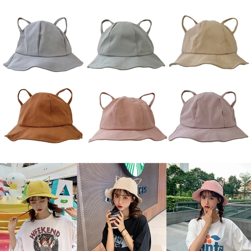 Women Girls Summer Cotton Wide Brim Bucket Hat Hollow Out Kitten Ears Solid Color Sunscreen Fisherman N58F