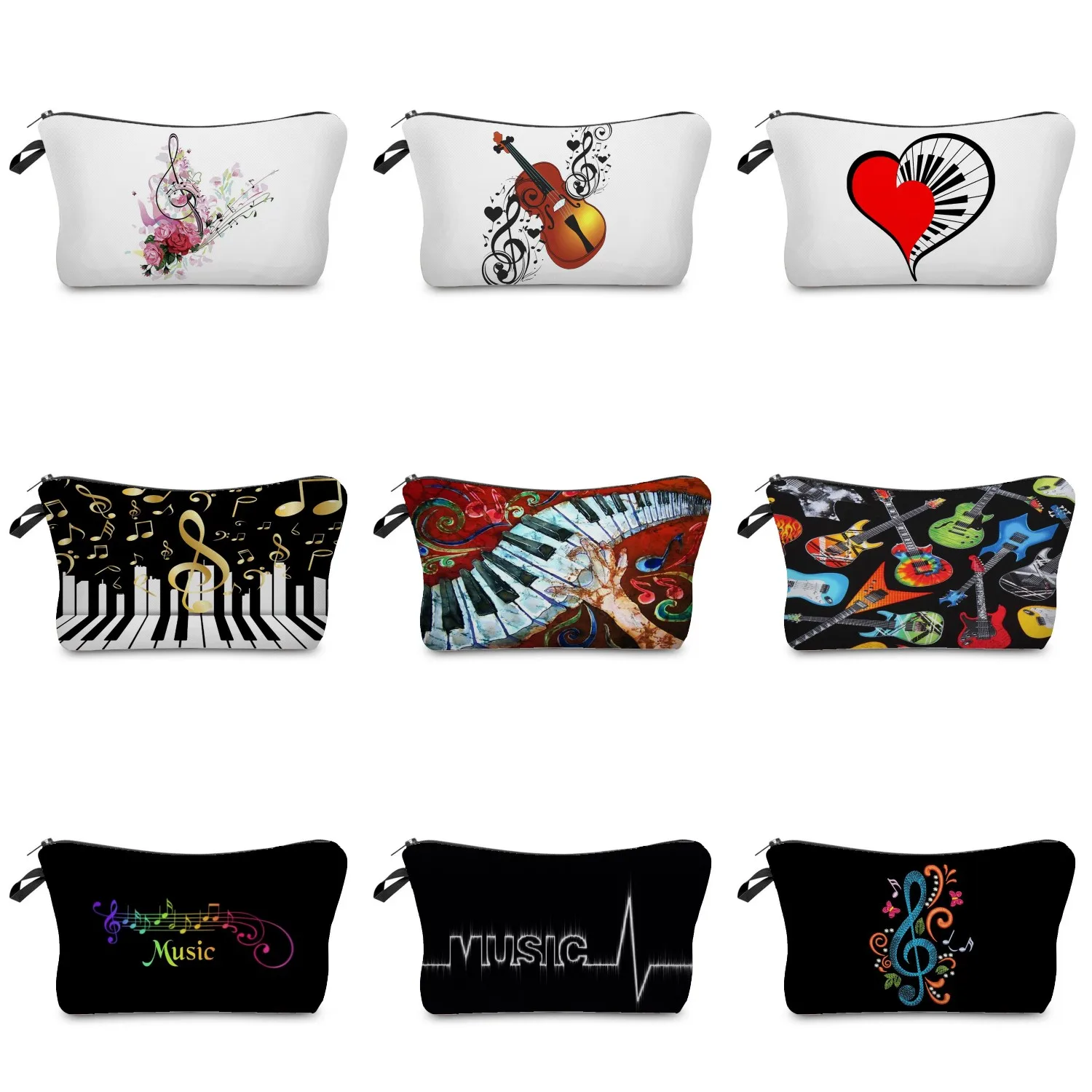 Beach Travel Simple Portable Piano Guitar Painting Size Music Notes Print Cosmetic Bag Women Makeup Bags Pencil Case Organizer