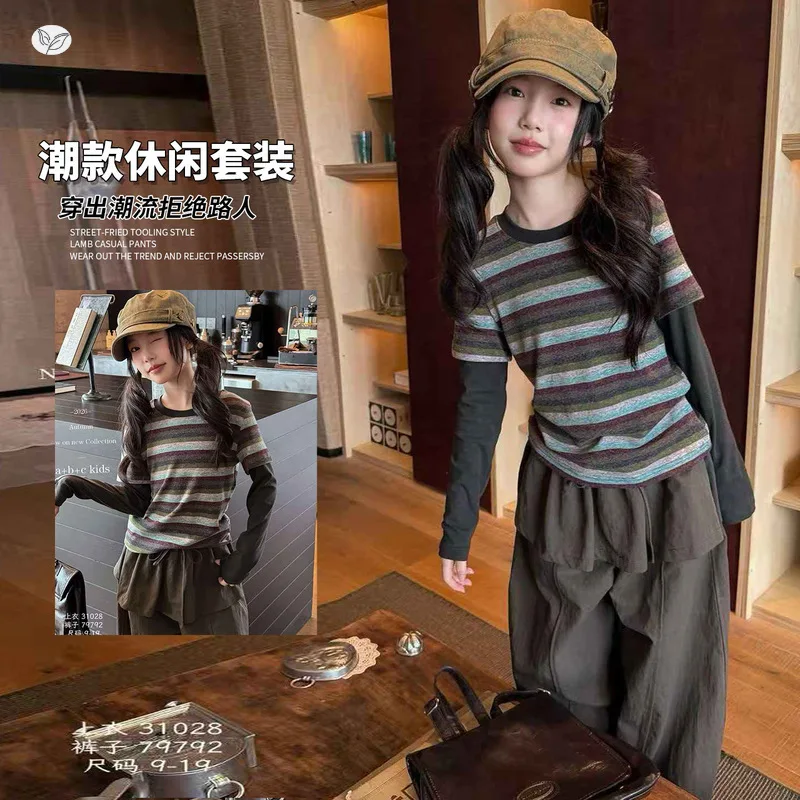 Girls' Two-piece Striped Base Shirt Set2026New autumn long-sleeve patchwork design for older childrenTT-shirt and shorts