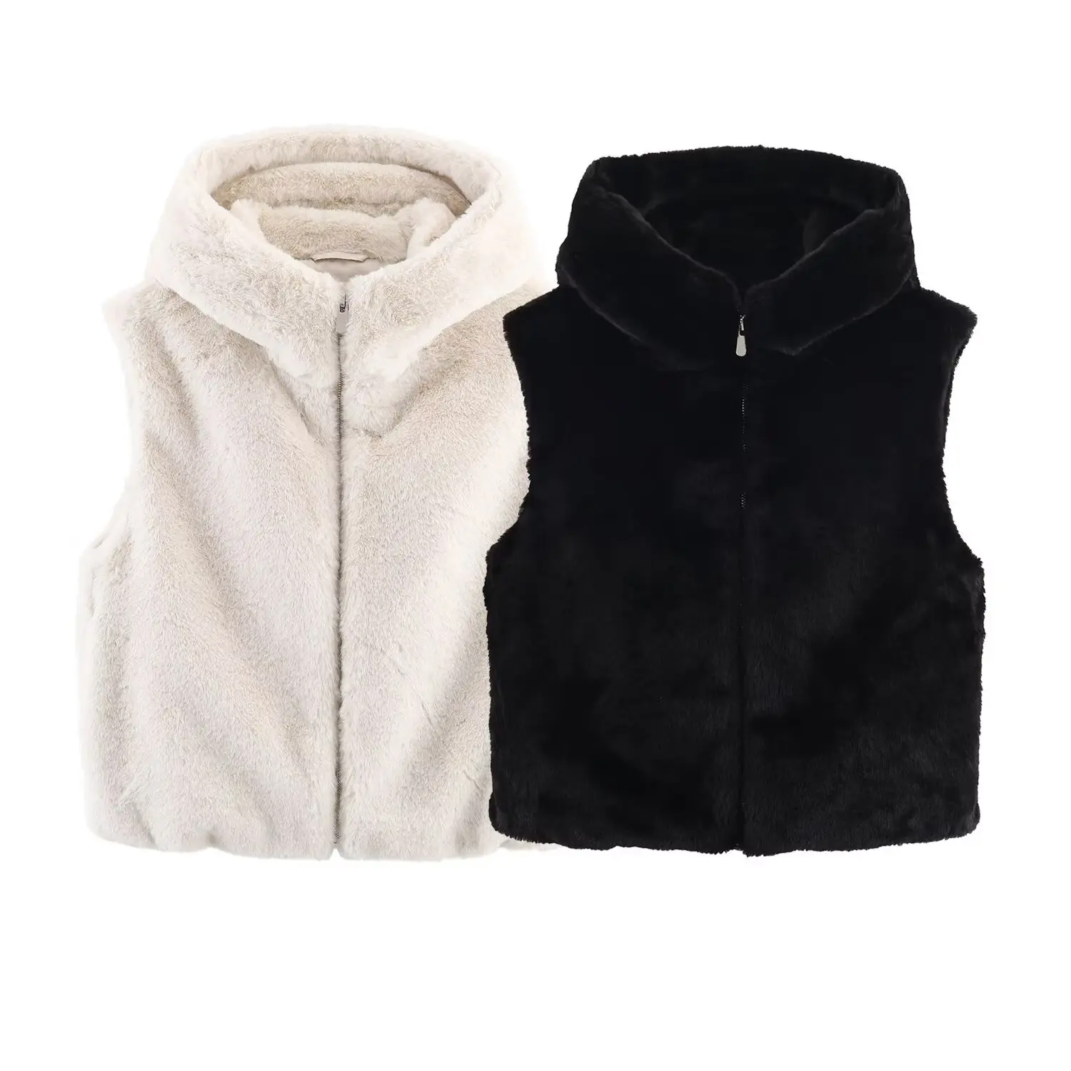 

Faux Fur Vest for Women Solid Sleeveless Zipper Stand Collar Hooded Waistcoat Autumn Winter Vintage All-Match Thick Warm Coat