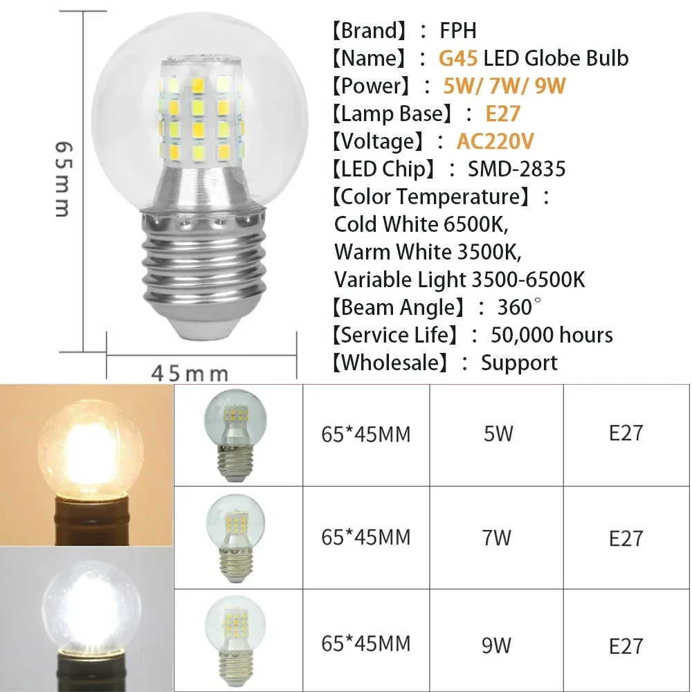 Bombilla LED tipo globo G45, foco de luz de cristal transparente, lámpara de mesa, CA 220V, E27, 5W, 7W, 9W