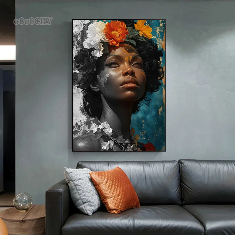 African Woman Flower Canvas Print Posters HD Wall Art Canvas Painting Black Woman Art Fashion Home Living Room Wall Decor Mural