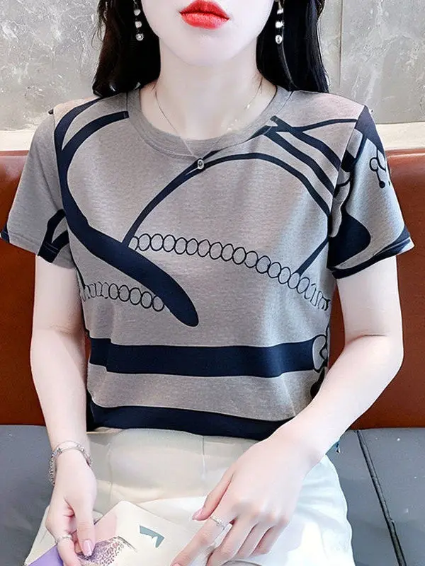 

Loose Shoulder Women's T-shirt Short Sleeve round Neck Print Casual Versatile Summer Top Warm Polyester Fiber Regular Sleeve