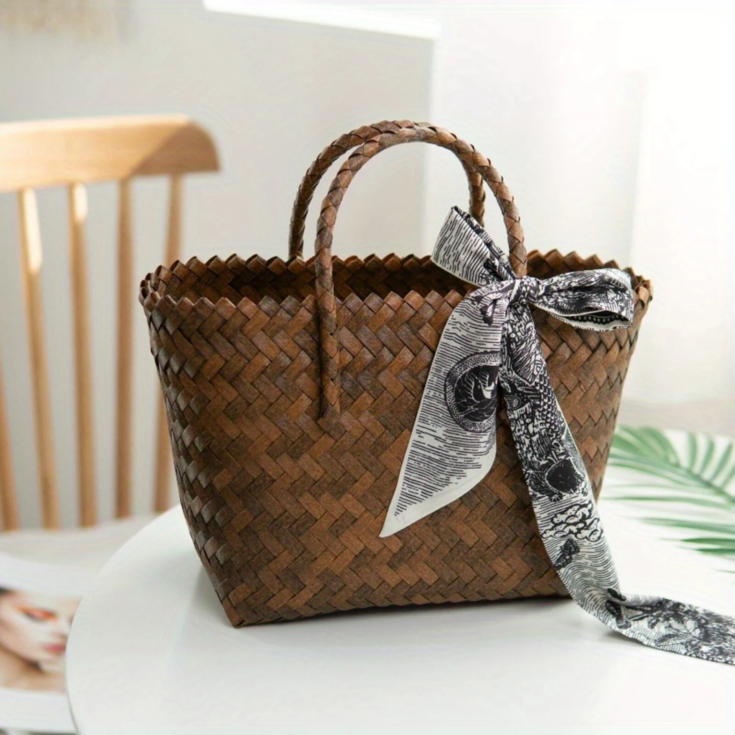 

Imitation Rattan Woven Tote Bag, Small Vegetable Basket Bag, Women Travel Vacation Beach Bag