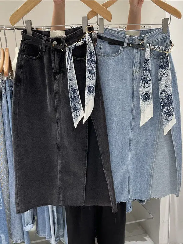 

Blue A-Line Midi Skirt Women's Summer Thin Casual Cotton Denim High Waist Zipper Fly Side Slit Casual Versatile Slimming...