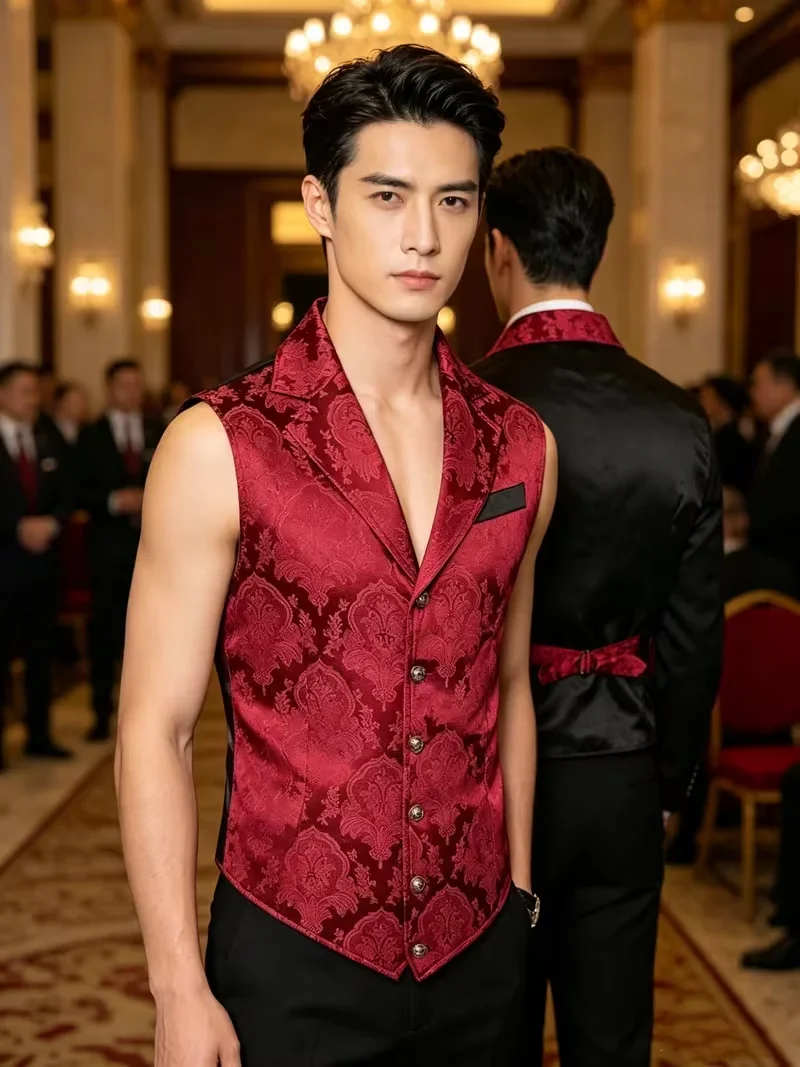 Men Victorian Jacquard Lapel Waistcoat, Single Breasted Sleeveless Vest for Wedding Party Formal Costume