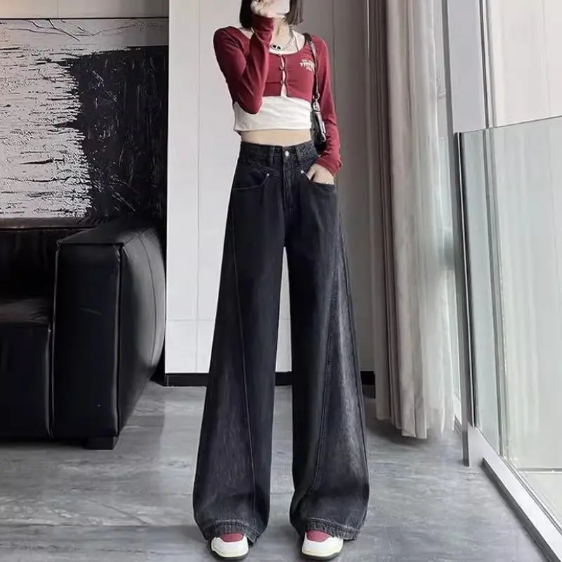 Spring Autumn New All-in-one Large Size Straight Tube Wide Leg Pants Pear Shape Thin Fashion High Waist Mop Jeans Woman Trousers