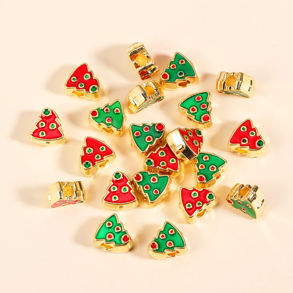 10Pcs Double Faced Enamel Red Green Christmas Tree Beads for Jewelry Making Necklace Bracelets Spacer Bead Charm Accessories