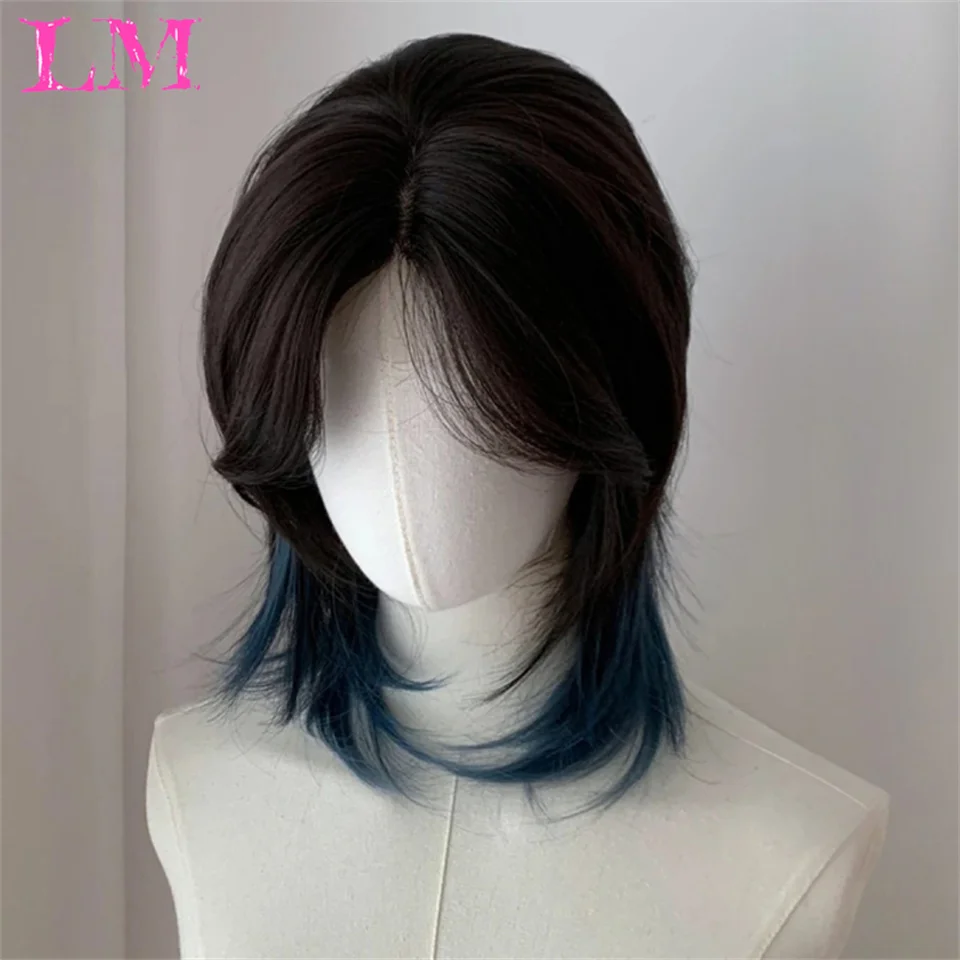 LM Short Mullet Head Wigs with Bangs Synthetic Straight Anime Men Black Gray Green Hair Wig for Daily Party Cosplay