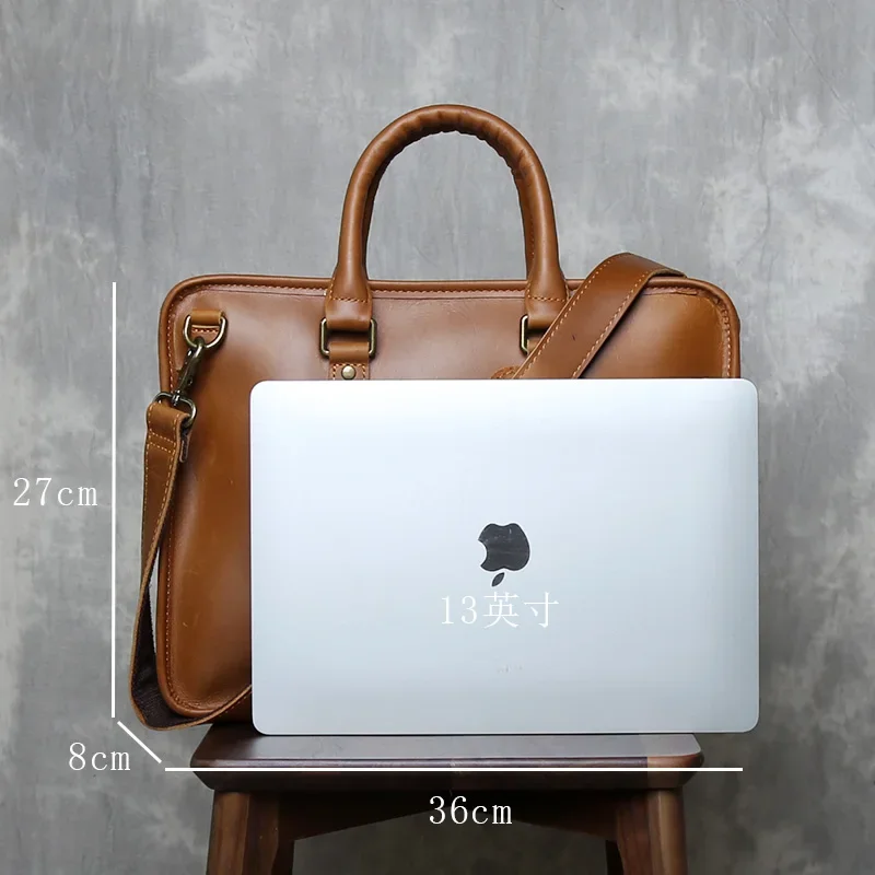 حقيبة يد من جلد البقر بطبقة الرأس للرجال مصنوعة يدويًا من الجلد الطبيعي حقيبة أعمال غير رسمية بكتف واحد حقيبة كمبيوتر كروس #6