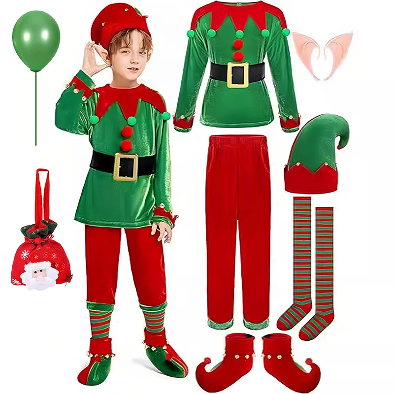 Boys Christmas Elf Costume Kids Velvet Elf Set Santa Helper Costume Set 2025 New Year Tops Pants Hat Belt Xmas Party Clothes