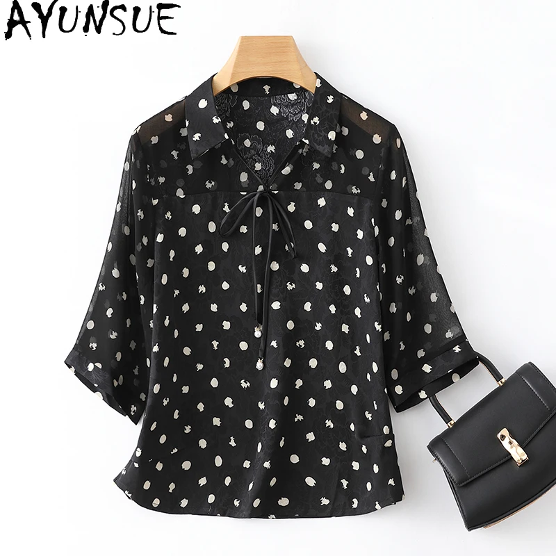 AYUNSUE 92% Real Mulberry Silk Women Shirt New Fashion Summer Clothes Short Shirts Blouses Korean Tops Woman 2024 Топ Женский