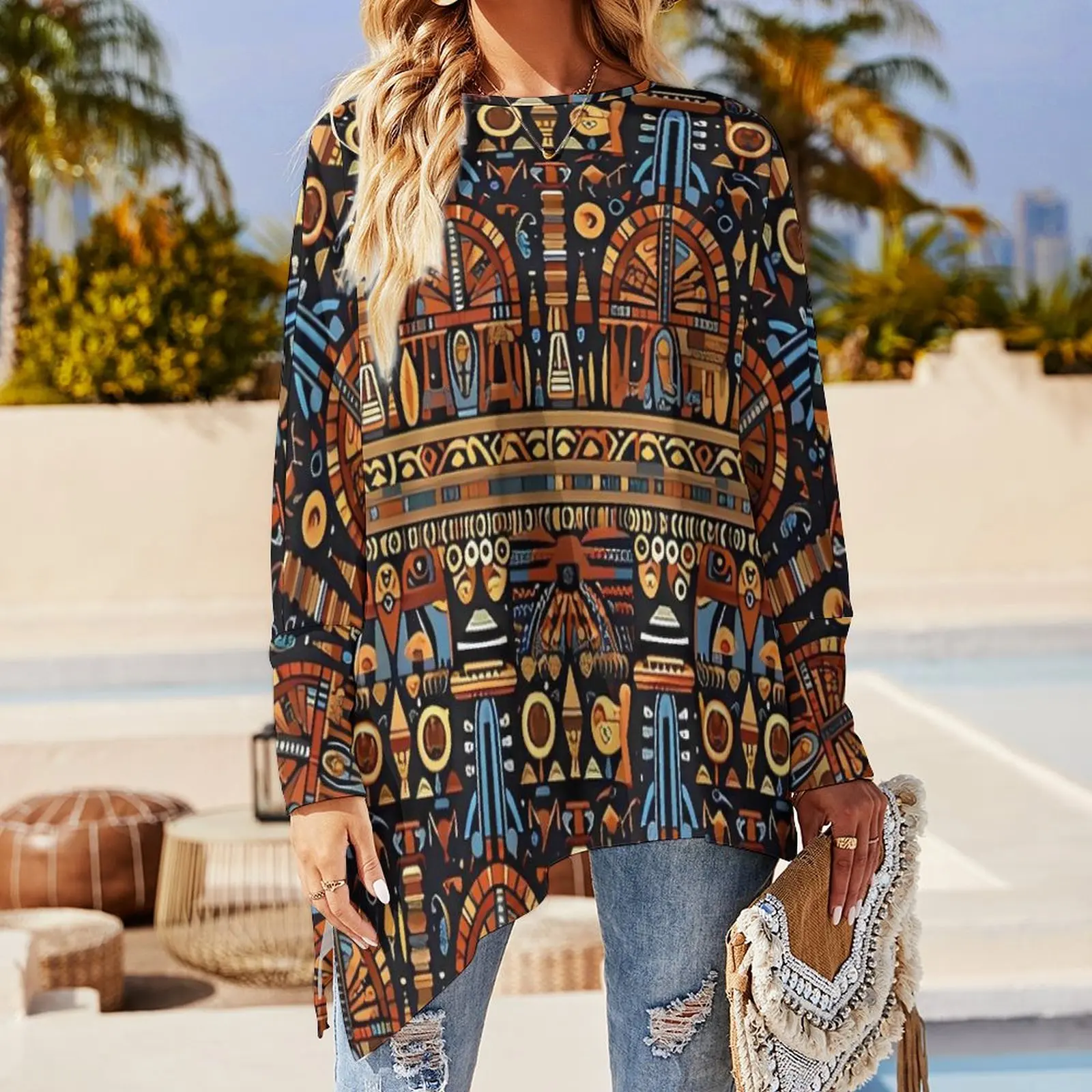 Ancient Egyptian Art  Pattern T-Shirts  Street Wear Long-Sleeve T-Shirt Kawaii Custom Tees Female Clothes Big Size