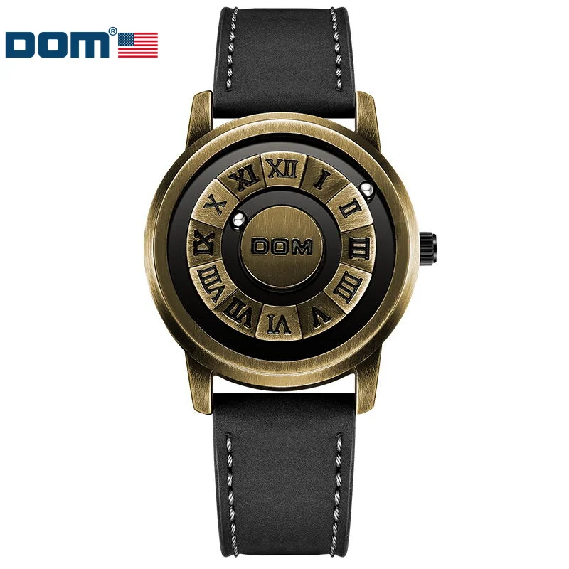 DOM 1345 Men\'s Quartz Watch bronze Personality Creative Gift Scrolling Iron Ball Magnetic Pointer Waterproof for Male Watches