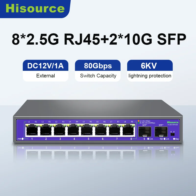 

Сетевой коммутатор Hisource 2.5G None-POE, 8-портовый Ethernet-коммутатор с 2*10G SFP+ для IP-камеры/NVR