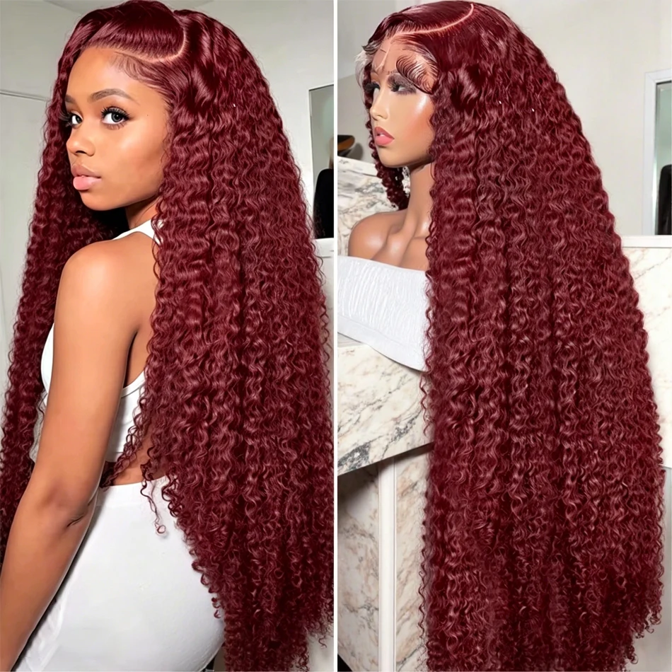 36 Inch Burgundy 99j Deep Wave Frontal Wig Colored Curly Human Hair Wigs 220 250 Density 13x4 Hd Lace Frontal Human Hair Wigs