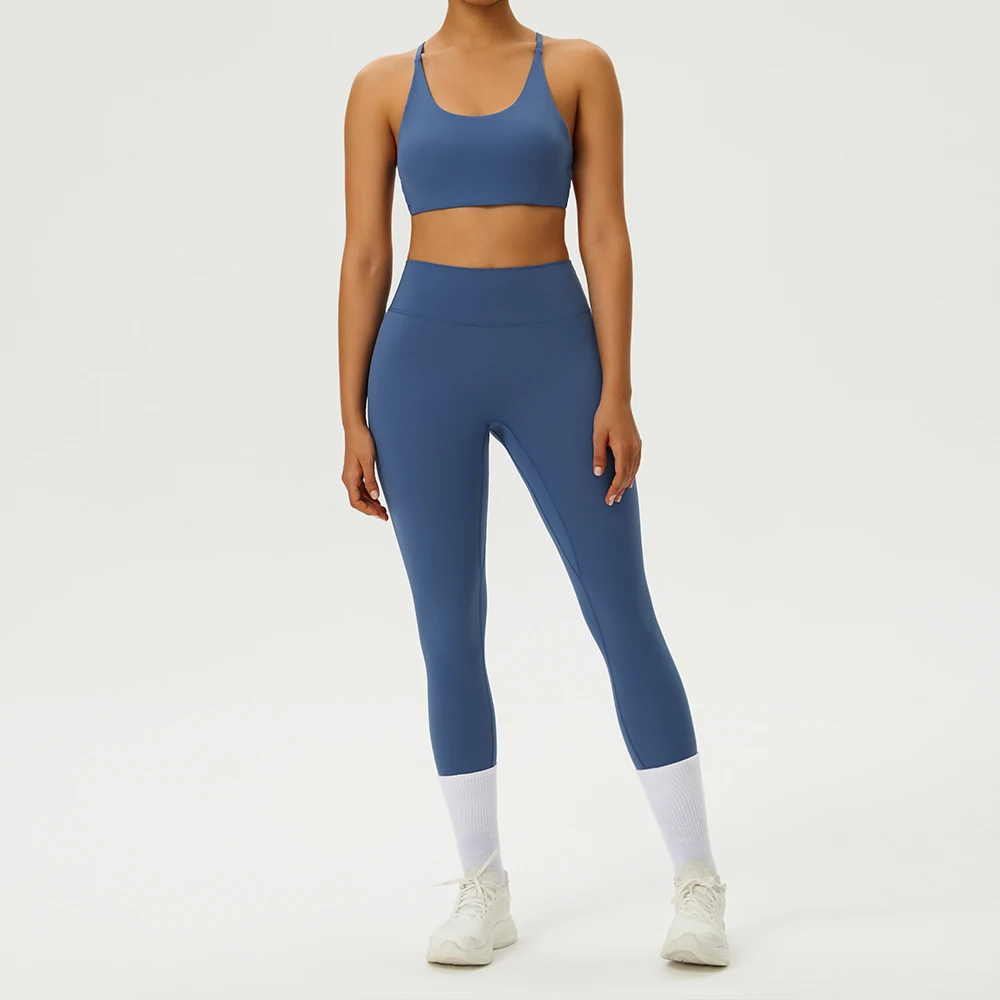 Yoga Clothes Set 2 Piece Gym Set Sportswear Women Cross Back Bra Top High Waist Leggings Fitness Suit Running Workout Tracksuit