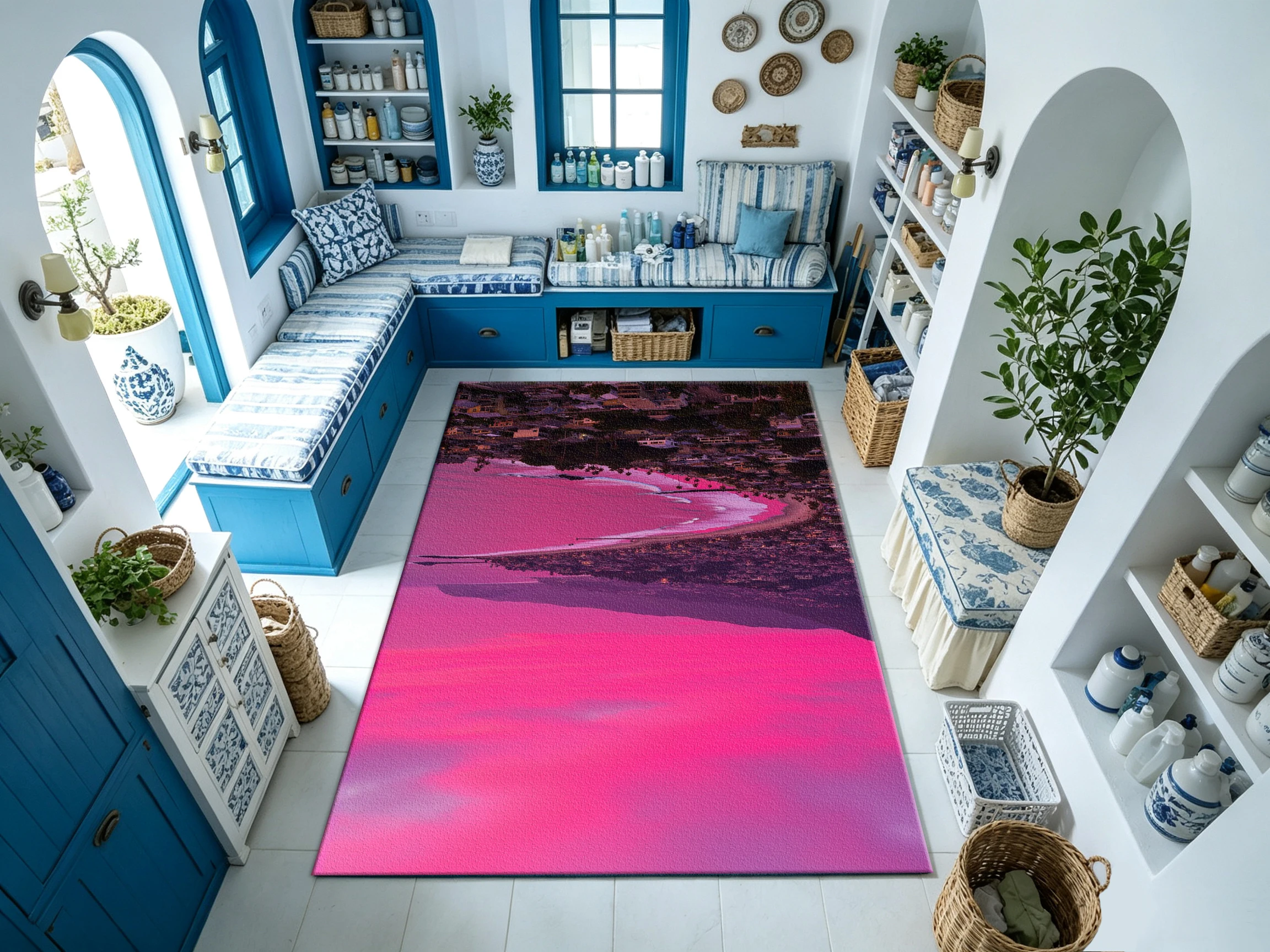 Pink Purple Sea View Carpet Floor Modern Landscape Art Carpet Home Living Room Floor Decoration