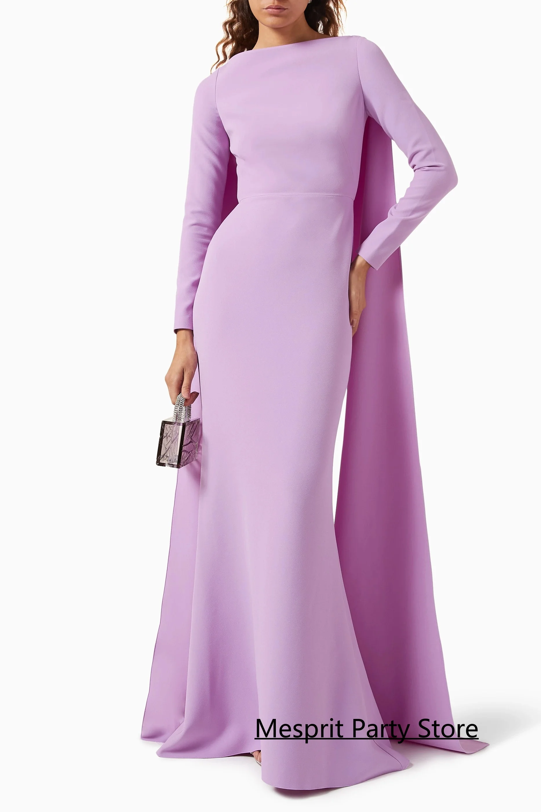 Simple Arab Evening Dress with Cape Customized Boat Neck Long Sleeves Mermaid Party Gown Woman Arabian Prom Dresses image 4