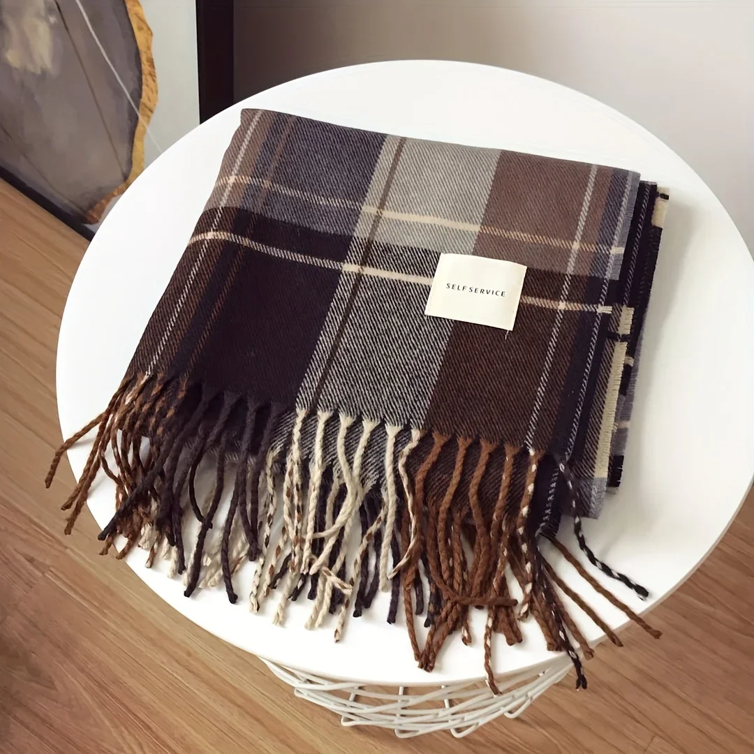 2023 New Vintage Thickened Scarf Lengthened Shawl Stylish Plaid Striped Long Tassel Winter Warm Windproof Neck Scarves