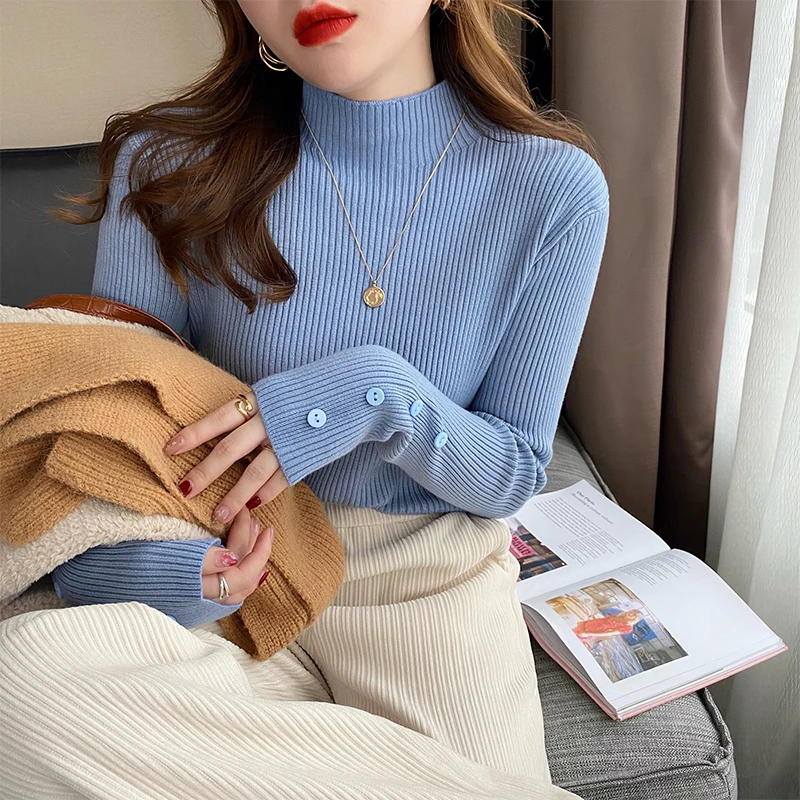 

2200, осенне-зимний свитер с высоким воротником, женский пуловер, женский тонкий эластичный вязаный женский свитер с длинными рукавами и пуговицами, вязаные топы