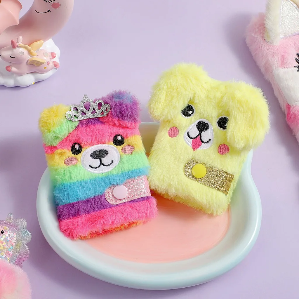 Cute Cartoon Mini Plush Notebook Soft Fuzzy Cover Portable Blank Pocket Journal For Kids And Students Back To School Stationery