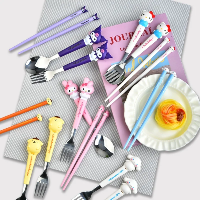 Hello Kitty 3 Piece Set Sanrio Kuromi Cinnamoroll Spoon Fork Stainless Steel Cartoon  Cute Child Tableware Kitchen Supplies Gift