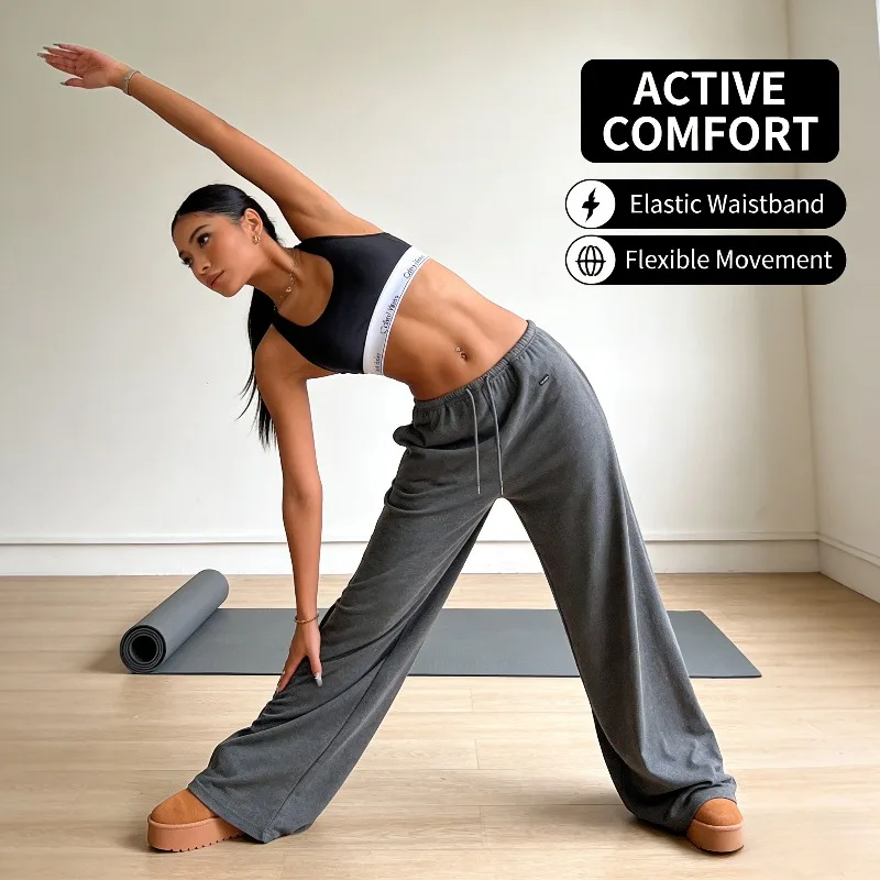 Pantaloni casual in vita con coulisse e vestibilità ampia in maglia spazzolata, comodi indumenti da salotto