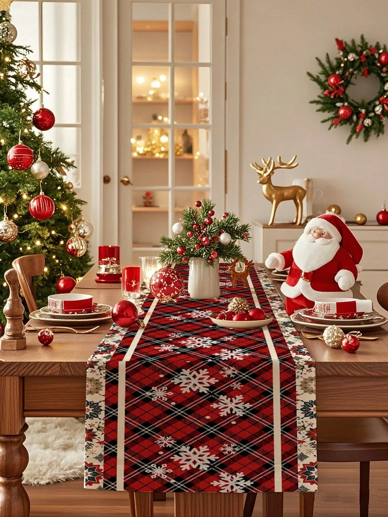 Weihnachtsschneeflocken-Tischläufer mit Karomuster, rot, schwarz, kariertes Schneeflockenmuster für Weihnachten, Esstisch, Dekoration, Urlaub, Versammlung, warm