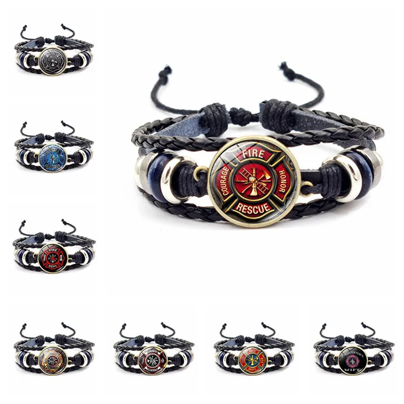 Firefighter Sign Bracelet Firemen Fire Dept Flame Vintage Pattern Glass Button Woven Adjustable Leather Bangle Bracelets for Men