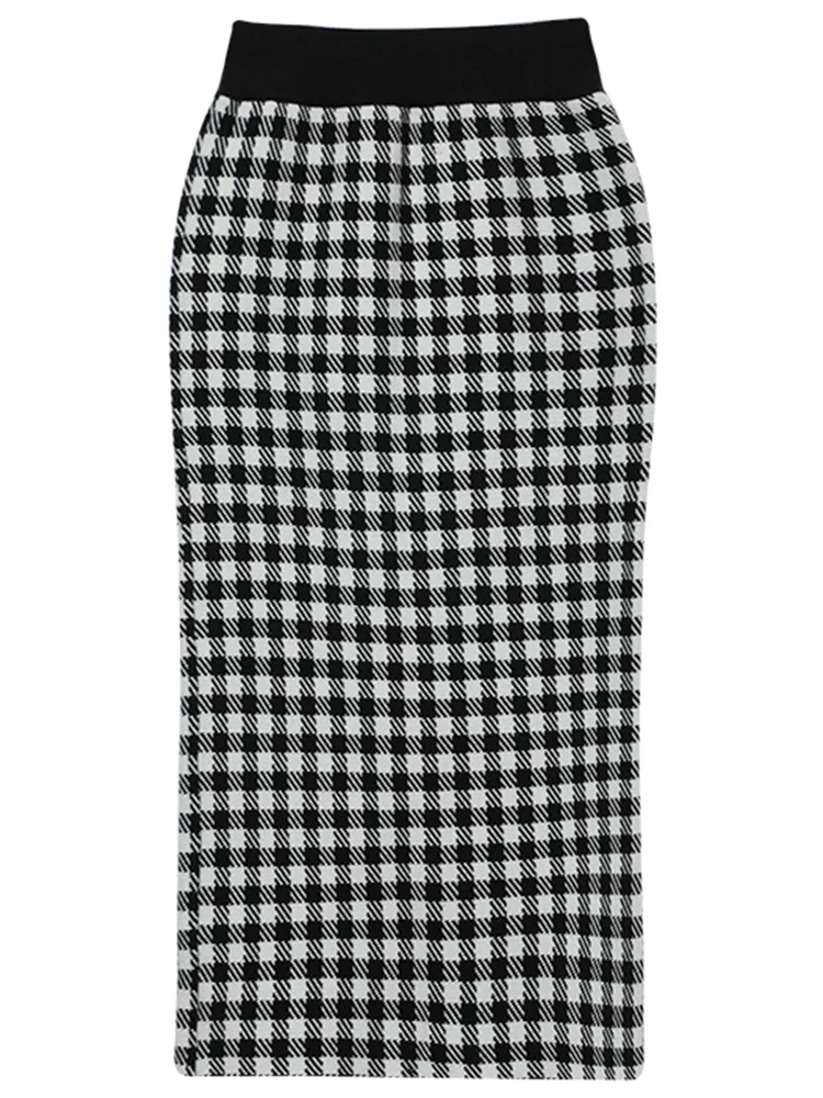 SRK Preto Branco Tweed Malha A-Line Midi Saia Fena Outono Inverno Elástico Cintura Alta Bodycon Saia Commute Estilo Simples
