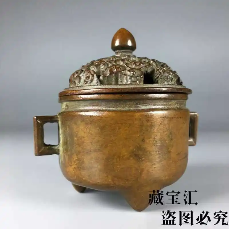 Old Collection Unearthed Antique Purple Copper Ding Xuande Double Ear Incense Burner Home Fragrant Censer Sculpture Statue