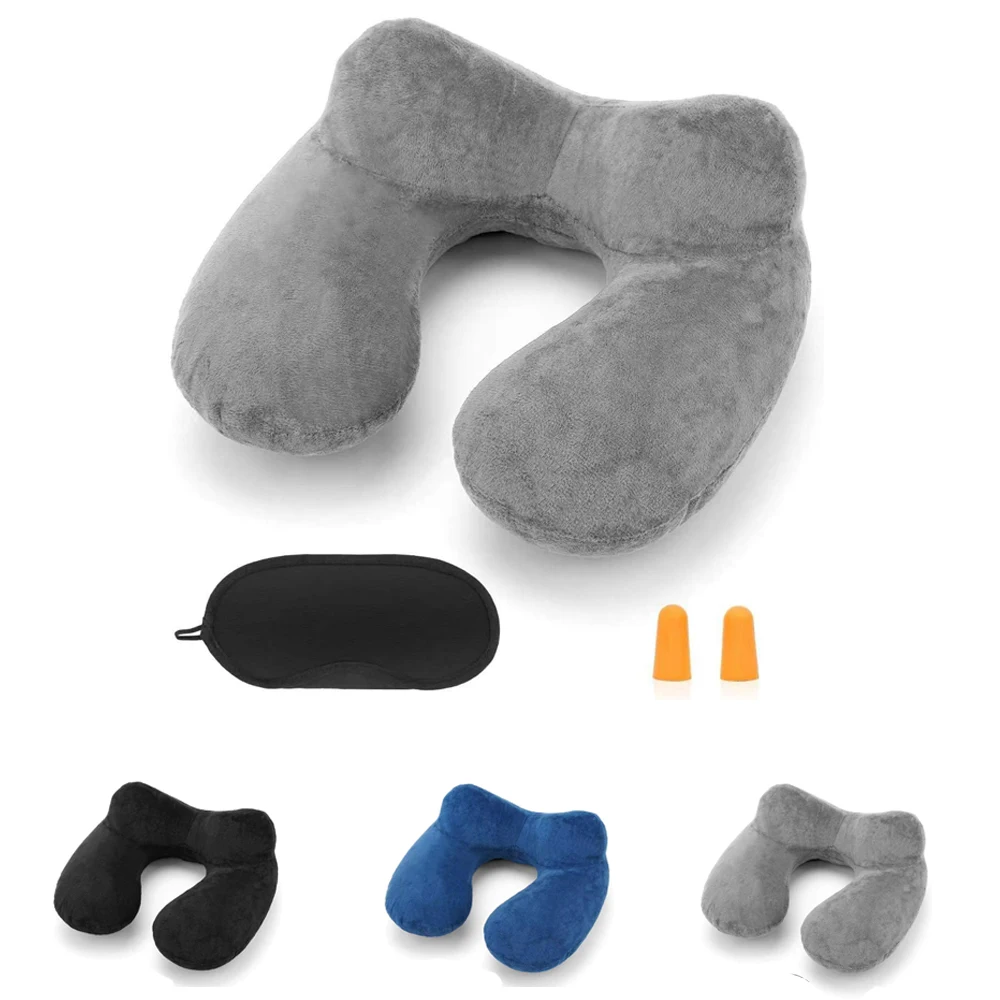 Inflatable Travel Pillow with Soft Velvet Cover & Carry Bag, Neck Support for Airplane, Car, Office &  Sleeping