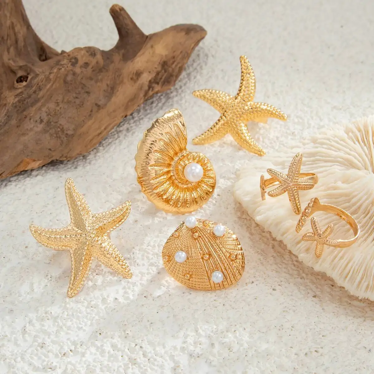 

Lacteo 6Pcs/Set Fashion Exaggerated Starfish Conch Scallop Finger Rings For Women Y2K Boho Creative Adjustable Open Ring Jewelry