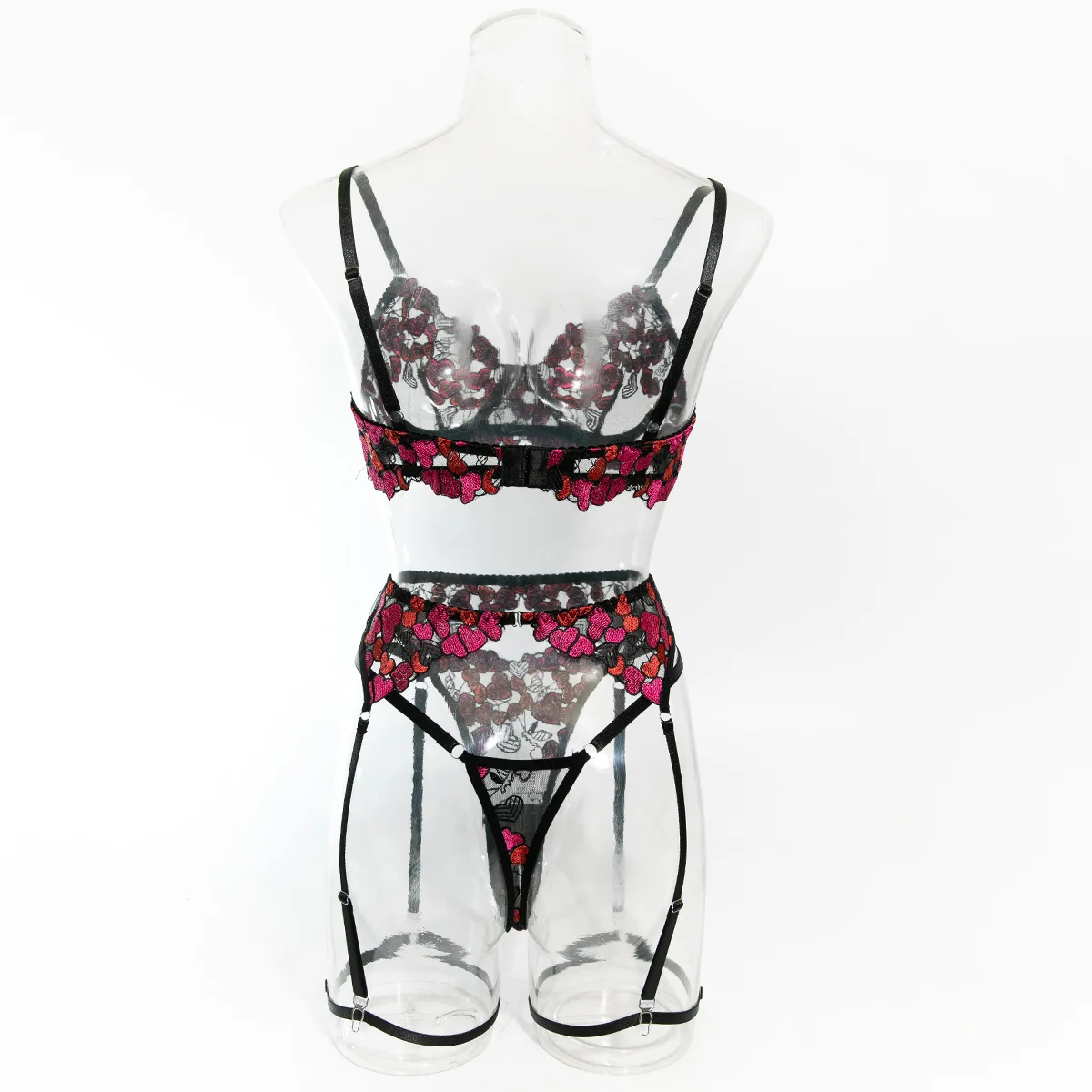 Set esotico con stampa a cuore Set di lingerie sexy con ricamo da donna Set di reggiseno sottile trasparente con prospettiva Abbigliamento esotico