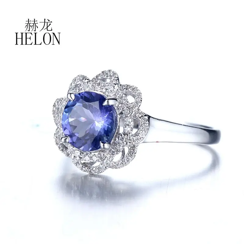 HELON Solid 14k White Gold Round 7mm Genuine Tanzanite Diamonds Engagement Ring Women Wedding Band Anniversary Bridal Gift