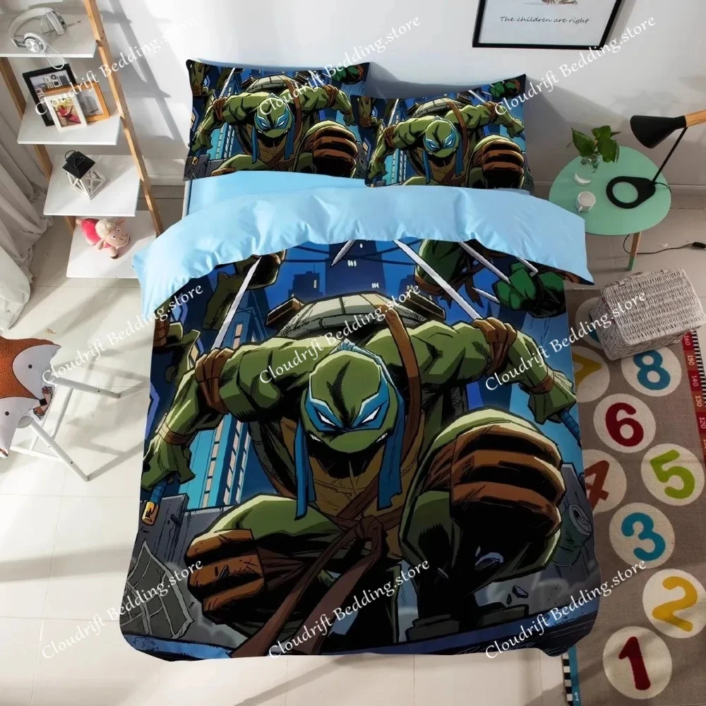 T-Teenage M-Mutant N-Ninja Turtles,Microfibre Bedding Sets, Children's Bed Linen with Zip Room Decor Duvet Cover for Teenagers