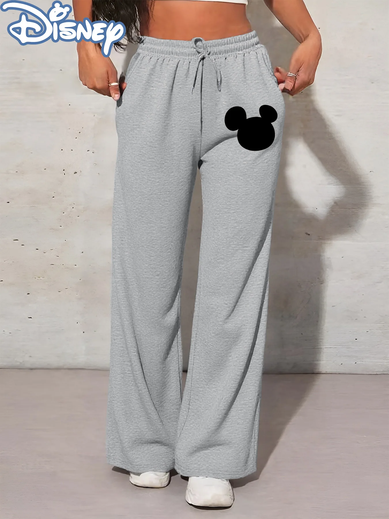 Pantalon de survêtement Disney Mickey Mouse pour femmes, décontracté, en polaire, jambe droite, taille élastique, tendance, surdimensionné, automne hiver