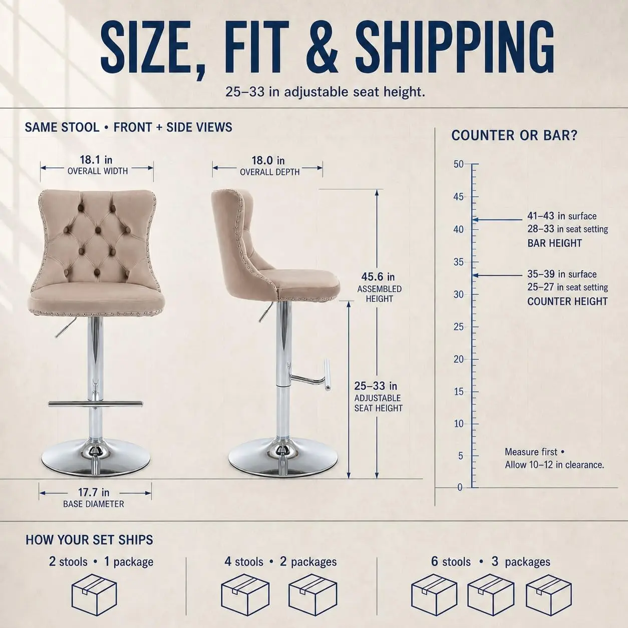 Velvet Bar Stools 6 Adjustable Swivel Counter Height Tufted Back & Nailhead Trim Kitchen Island Khaki Chrome, Customized - view 3