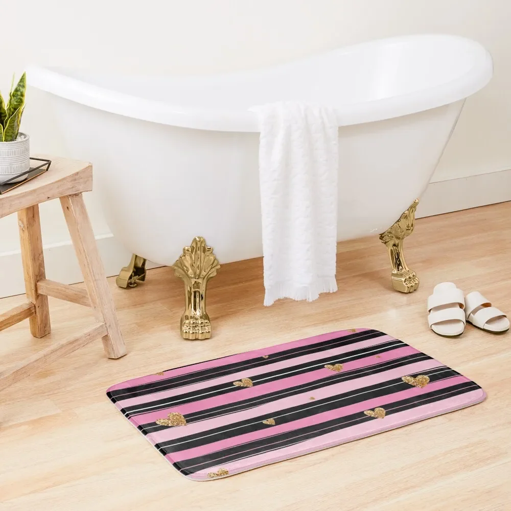 

Pink Black Stripes with Golden Hearts Bath Mat Non-Slip Bathroom Living Room Rugs Modern Bathroom Accessories Baths Bathroom Mat