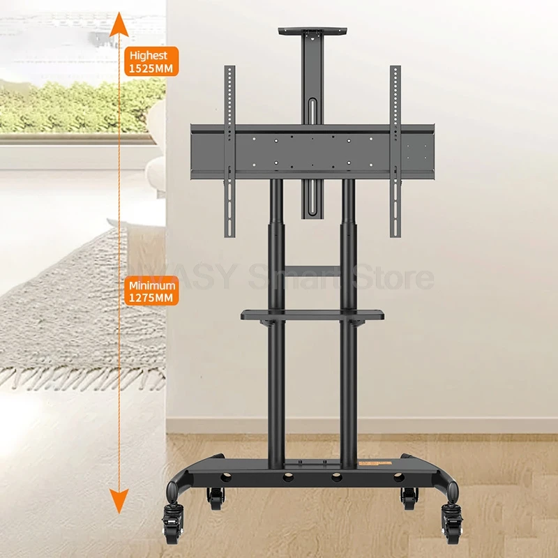 Mobile TV Stand Rolling Cart for LCD LED TV 32-85 Inch Adjustable Height Portable Large Screen Display Holder with Shelf Wheels