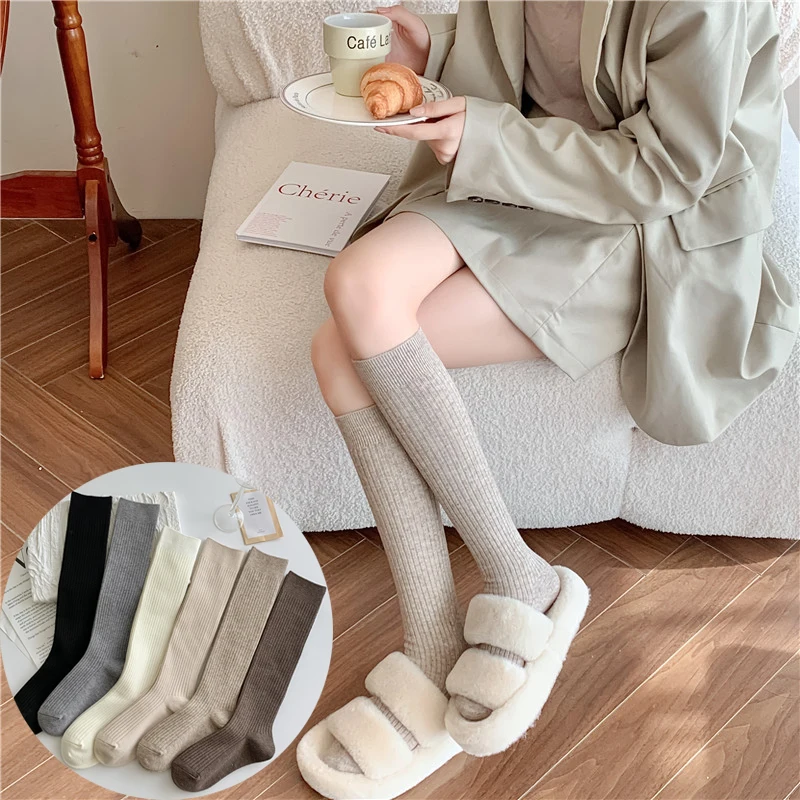 2 Pairs Women Long Socks Winter Wool Socks Boot Solid Cashmere Warm Thigh Stocking Skinny Over Knee-High Fluffy Long Knee Socks