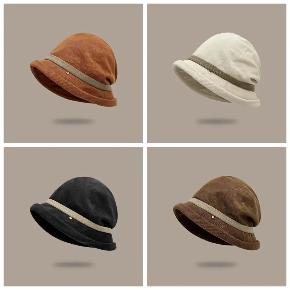 Casquette de pull en velours côtelé de tempérament, couleur unie, Style japonais, chapeau de pêcheur d'hiver, plus chaud, coupe-vent, Anti-froid, seau pour l'extérieur