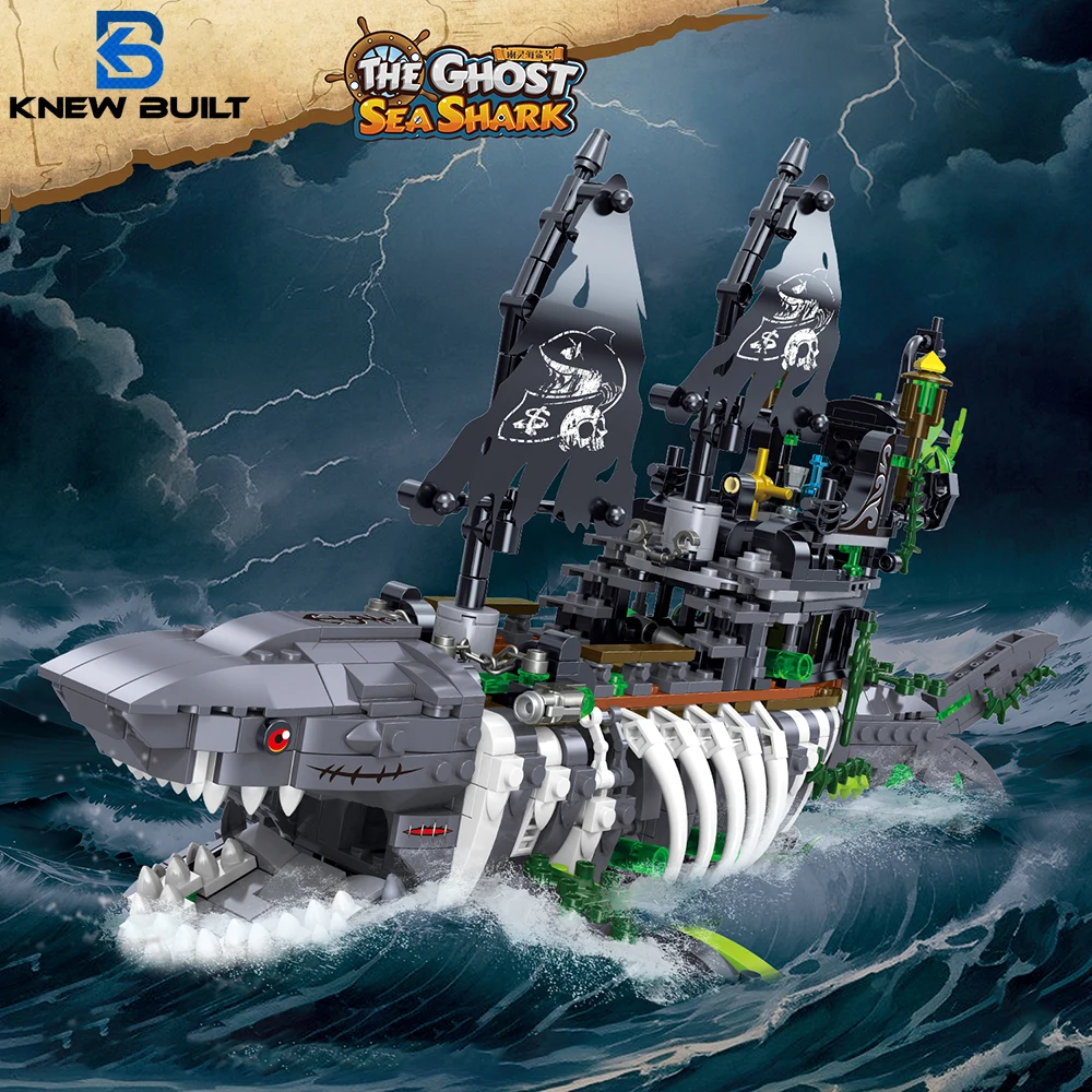 

Ghost Sea Shark Pirate Ship Building Blocks Toys - Integrated Skeleton Shark and Pirate Ghost Ship, LED - Lit for Thrilling