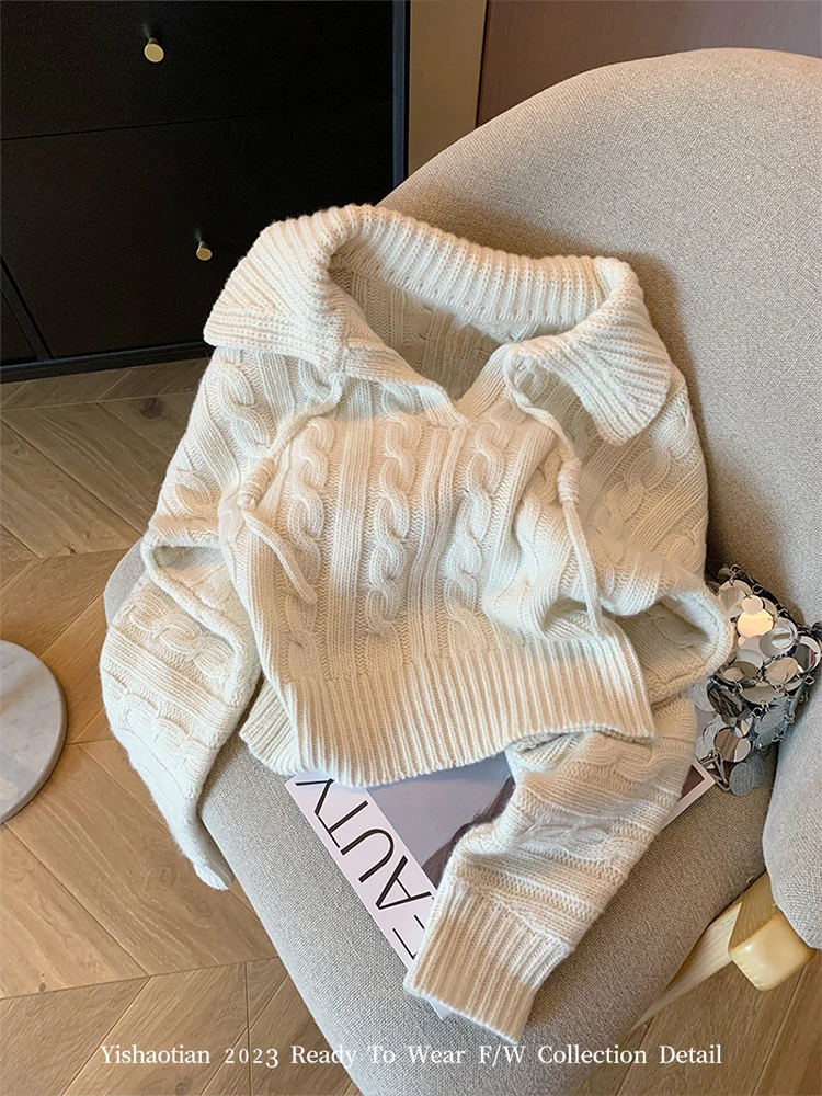 Women Fashion Cozy Knitwear Sweater Turn-Down Collar Long Sleeve Female Pullovers 2000s Aesthetic Chic Autumn Winter Streetwear