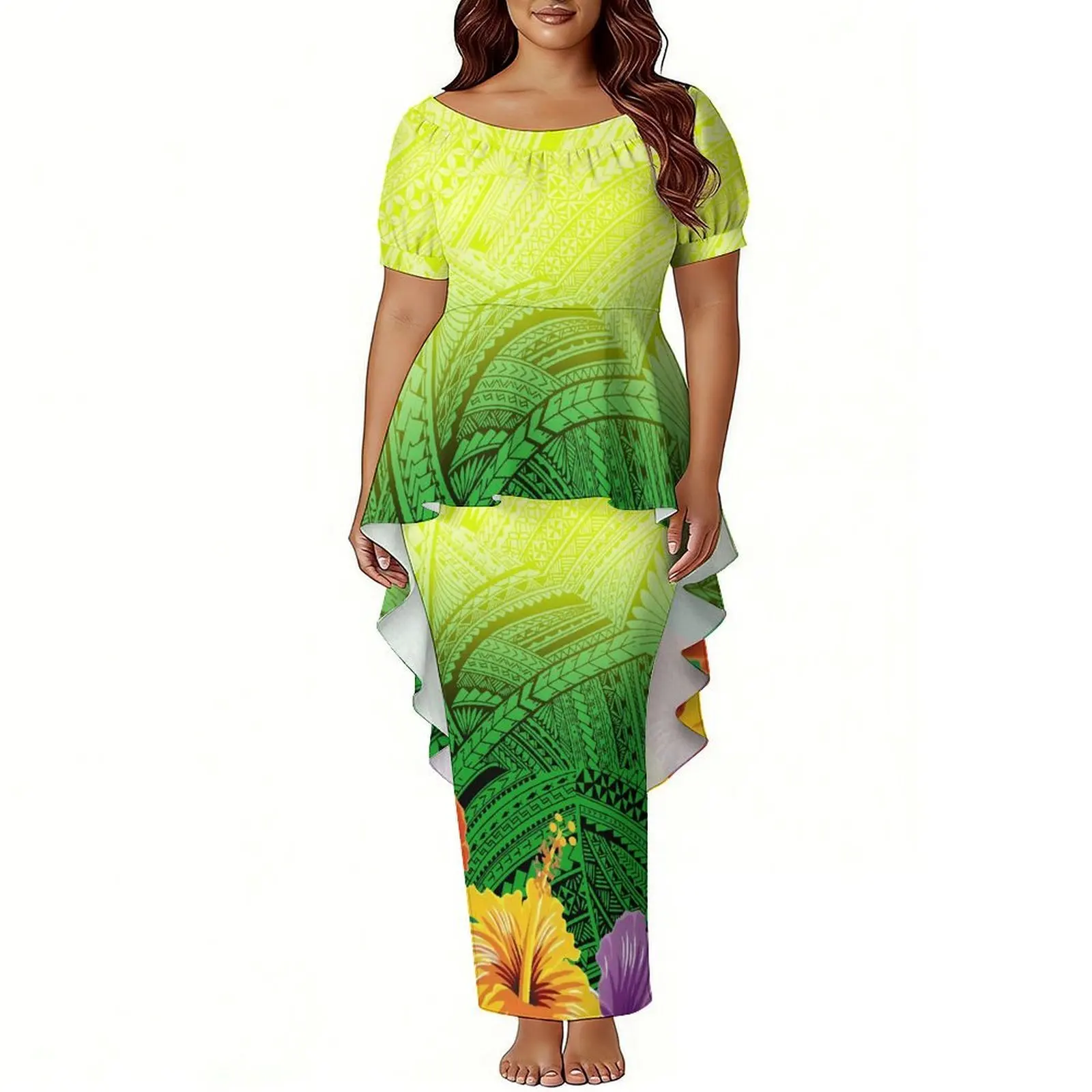 

Summer Custom Printed Women'S 2-Piece Set Polynesian-Style Round-Neck Puffed Sleeve Puletasi Tail-Hem Elegant Suit Dress
