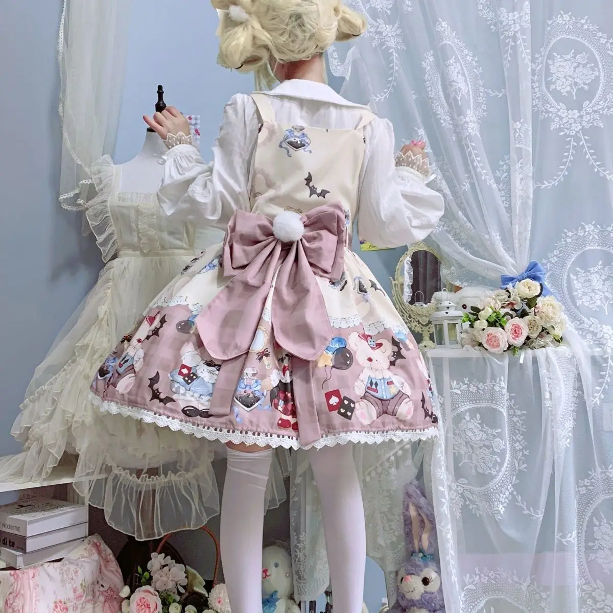 Robe Japonaise Douce Kawaii Lolita Jsk pour Femme, Tenue de Princesse Imprimée Lapin, Mignonne, à Bretelles, pour ixd'Été