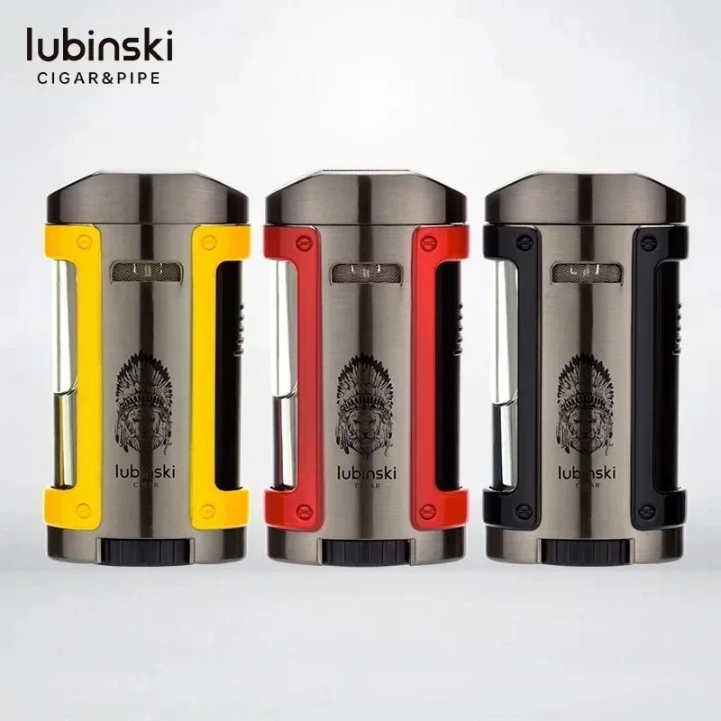 LUBINSKI Outdoor Metal Windproof 4-Fire Direct Spray Butane Gas Cigar Lighter Portable Luxury Torch Lighter High-End Men\'s Gift